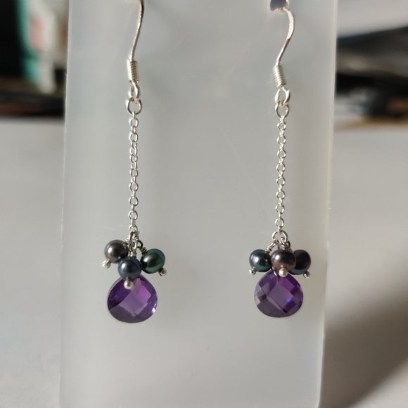 Amethyst and Pearl Dangle Earrings - Picture 7 of 8